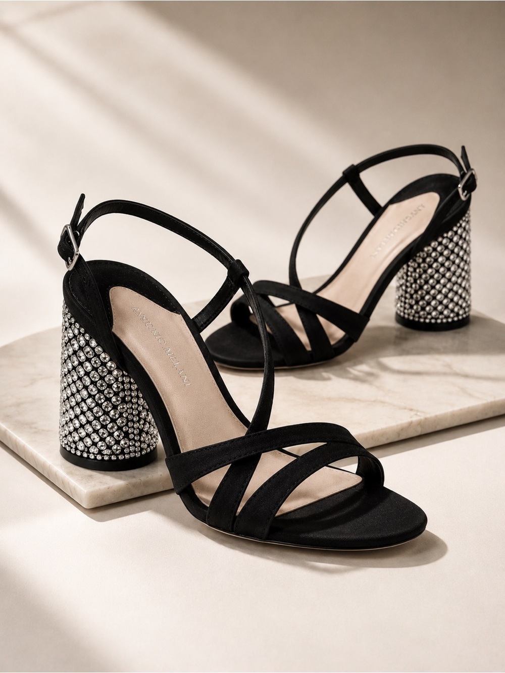 Antonio Melani Larie Grosgrain Black Satin Rhinestone Embellished Dress Sandals